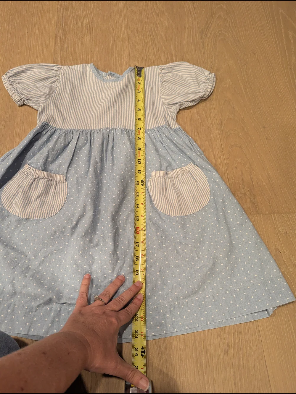 Vintage OshKosh Light Blue Polka Dot Kids Dress with Striped Accents